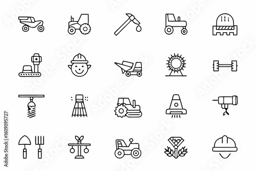 A detailed and mechanical-themed bundle showcasing essential farming machinery. Great for farming equipment companies, manuals, and agri-business presentations