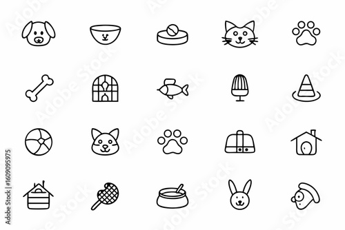 A playful icon bundle illustrating common pet behaviors and activities. Perfect for pet training guides, lifestyle blogs, and social media content