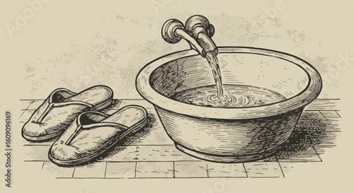 A vintage-style illustration of a serene spa scene, featuring a basin with flowing water, slippers, and tranquility.