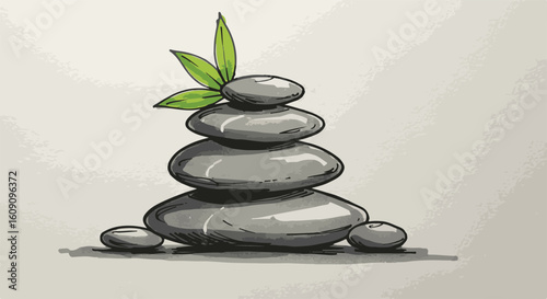 Zen stones balancing with fresh green leaf, represents a state of harmony and tranquility.