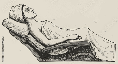 A serene woman reclining on a chair, embracing tranquility.