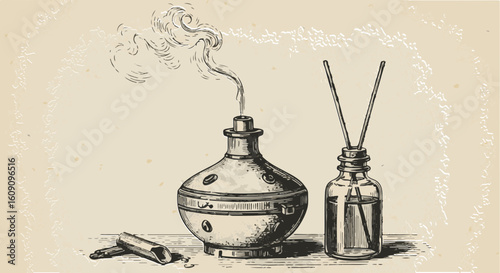 Illustration of a smoking scent diffuser, sticks, and a candle.