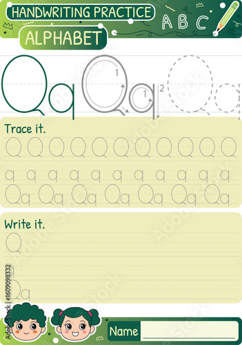 Handwriting practice sheet for children learning to write the letter Q with tracing exercises