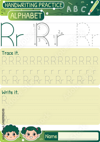 Handwriting practice sheet for children learning to write the letter R