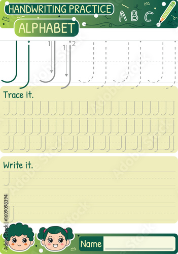 Handwriting practice sheet for learning the letter J with tracing and writing exercises