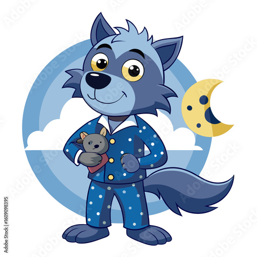 Friendly cartoon wolf in pajamas holds teddy bear under crescent moon and clouds