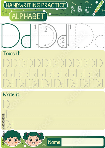 Handwriting practice for learning the letter D with tracing and writing exercises