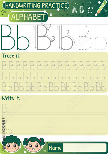 Handwriting practice sheet for mastering the letter B with tracing and writing activities
