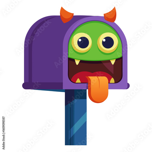 Friendly cartoon monster mailbox with goofy grin and orange horns ready for your mail delivery fun