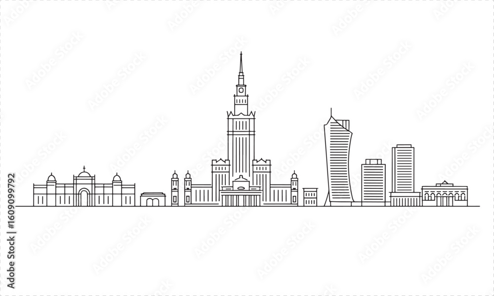 Obraz premium Black and white line art cityscape with iconic buildings and a tall spire skyline architecture