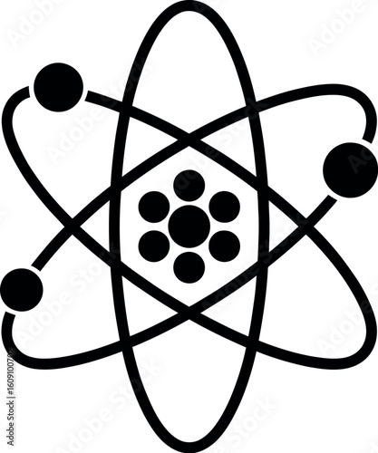 A black and white illustration of an atom with electrons orbiting a nucleus on a white background