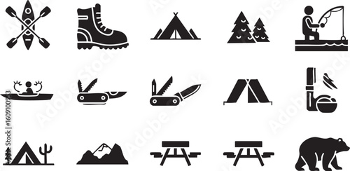 Kayak canoe trees tent boot fishing knife picnic bear paddles