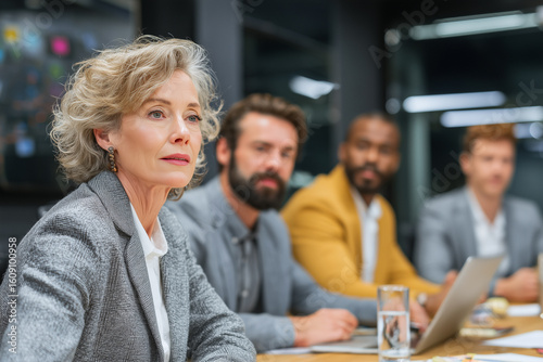Businesswoman leading corporate meeting with team
