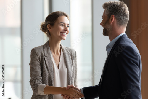 Smiling woman shaking hands in job interview