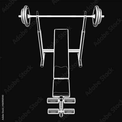 A black and white contour drawing of a bench press with a barbell, set against a dark background. The equipment is ideal for strength training, targeting muscles during squats, lunges.