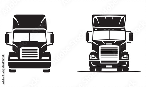 Black and white vector silhouettes of two semi trucks front view lorry tractor unit