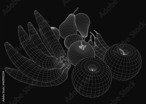 A 3D wireframe model of bananas clustered together with scattered pears on a sleek black background. The fruits' vibrant colors contrast sharply against the dark surface.