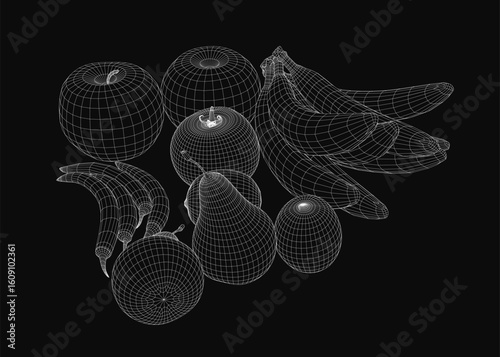 A symmetrical arrangement of 3D wireframe fruits with unique shapes and textures, featuring yellow and green hues against a deep black background. The clean composition highlights the geometric.