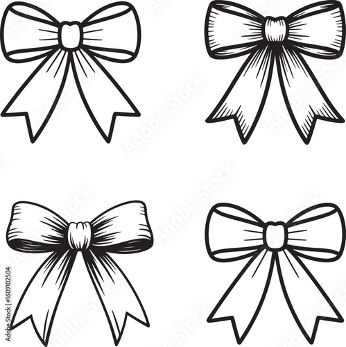 Collection of four hand drawn sketch style bows with ribbon tails isolated on white background