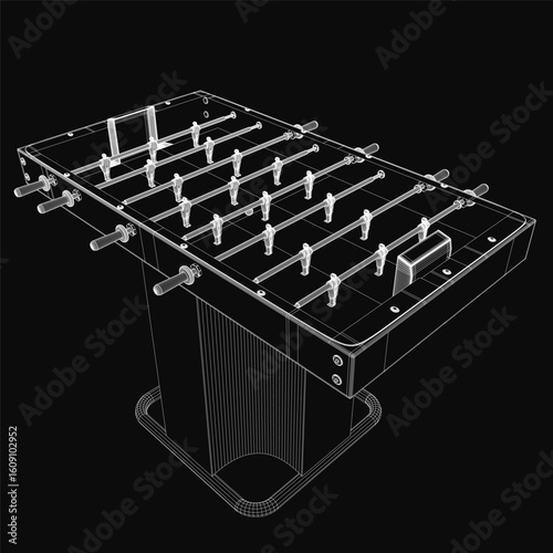 A 3D wireframe model of a foosball table displays intricate details of its mini football machine design on a black background. The blueprint highlights all components, including rods, players.