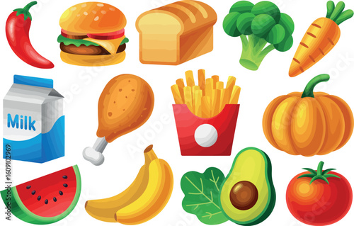 A collection of various food items including fruits, vegetables, and processed foods on a white background