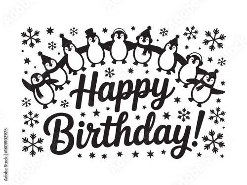 Happy birthday related item snow and penguins silhouette vector isolated on white background