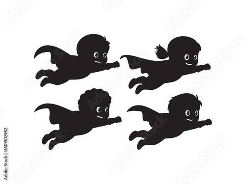 our superhero kids flying silhouette vector isolated on white background