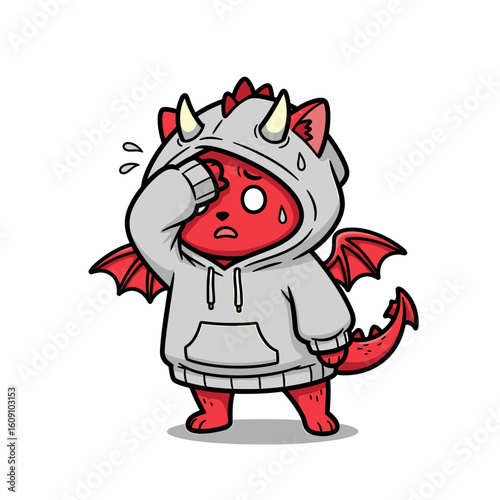 A red cartoon dragon wearing a grey hoodie looks stressed and sweats while holding its head.