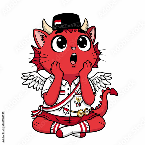 A surprised red cartoon dragon-cat hybrid wearing Indonesian school uniform and accessories, looking up.