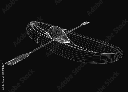 A 3D model of a kayak with two oars, rendered on a black background. The rubber boat features a detailed wireframe structure for versatile use.