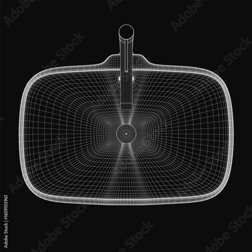 A 3D wireframe dustpan model stands out against a black background, showcasing realistic details and clean lines. The sink and tap elements add context to the household cleaning tool.