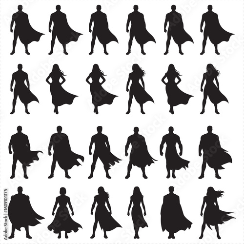 Black silhouette superhero figures with flowing capes and dresses standing