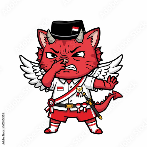 Angry cartoon cat in Indonesian official attire, displaying displeasure and warning gesture.