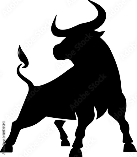 bull silhouette isolated on white,Bucking bull silhouette. This image shows a powerful, aggressive bull in motion, charging forward with its horns and tail raised. Vector clipart illustration design.