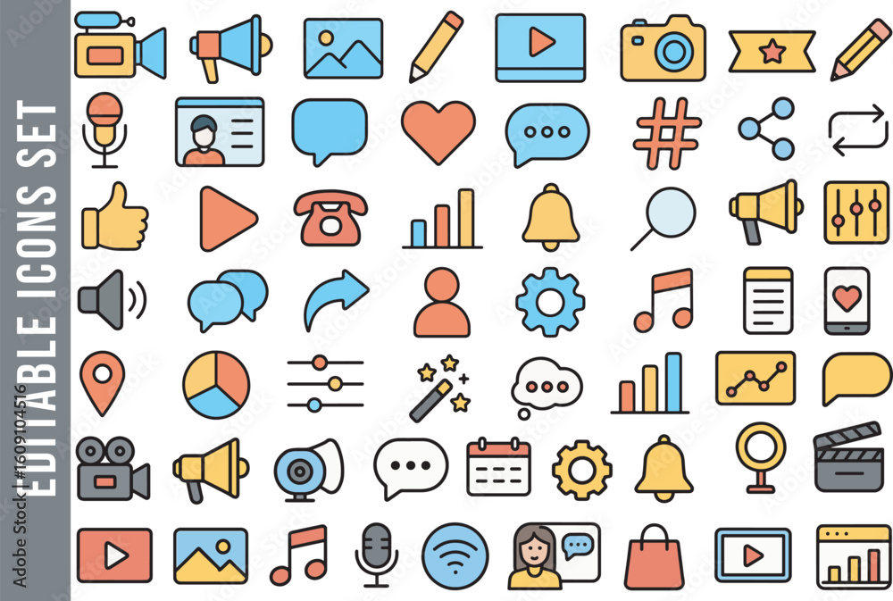 Fototapeta premium Editable Color Icon Set for Social Media, Digital Marketing, and Content Creation