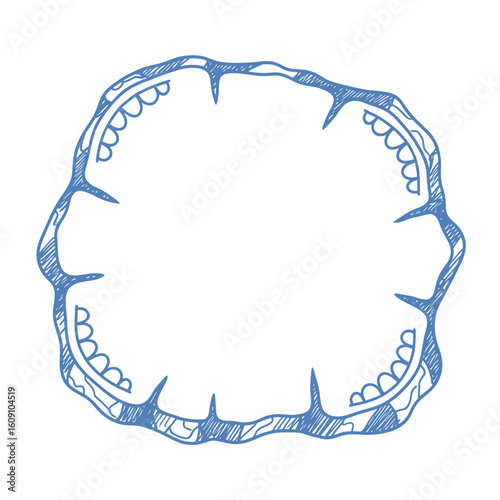 Stylized blue line drawing of a jawbone, forming a frame.