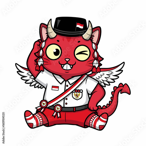 A charming red cartoon creature, resembling a cat with horns and wings, dressed in Indonesian patriotic attire, winking and saluting.