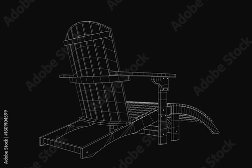 A 3D model of an chair features a realistic design with curved backrest, armrests, and slatted seat. The black background enhances the chair's details.