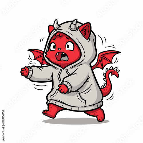 A cute, cartoonish red creature resembling a cat with devil horns, wings, and a tail, wearing a gray hoodie and appearing startled or scared.