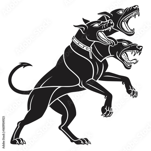 Mythological vector emblem of Cerberus, the three-headed hound.