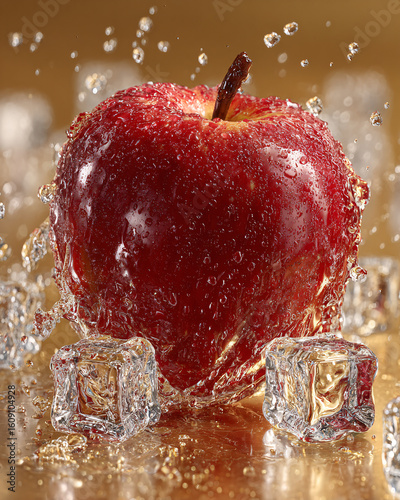 vivid red apple surrounded by splashing water and scattered ice cubes, golden background with cinematic clarity
