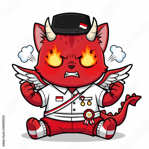 A cartoonish, red devil-cat with fiery eyes, wearing a uniform, and expressing anger.
