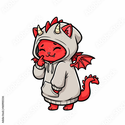 An adorable red cat character dressed in a grey dragon hoodie with horns and wings.
