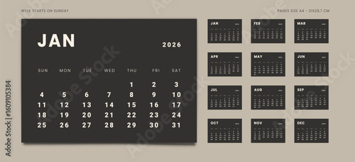 2026 Calendar Planner Set of new Template 12 Monthly Page for Corporate or Personal use. Vector layout minimalist of wall or desk organizer with week start Sunday in dark black colors. Pages A4