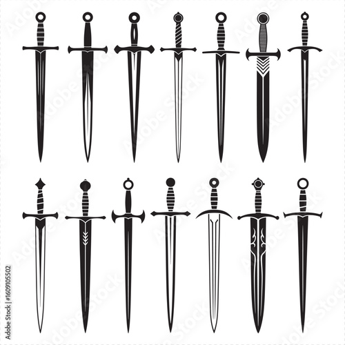 Collection of twelve black and white medieval sword silhouettes weapon blade