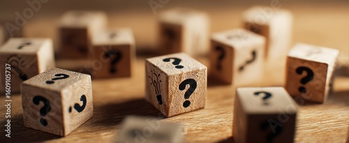 The wooden cubes featuring question marks symbolize curiosity and exploration of ideas.