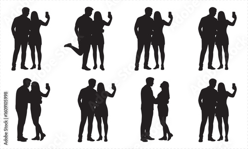 Couple taking selfies together in various poses black silhouette taking photo smartphone