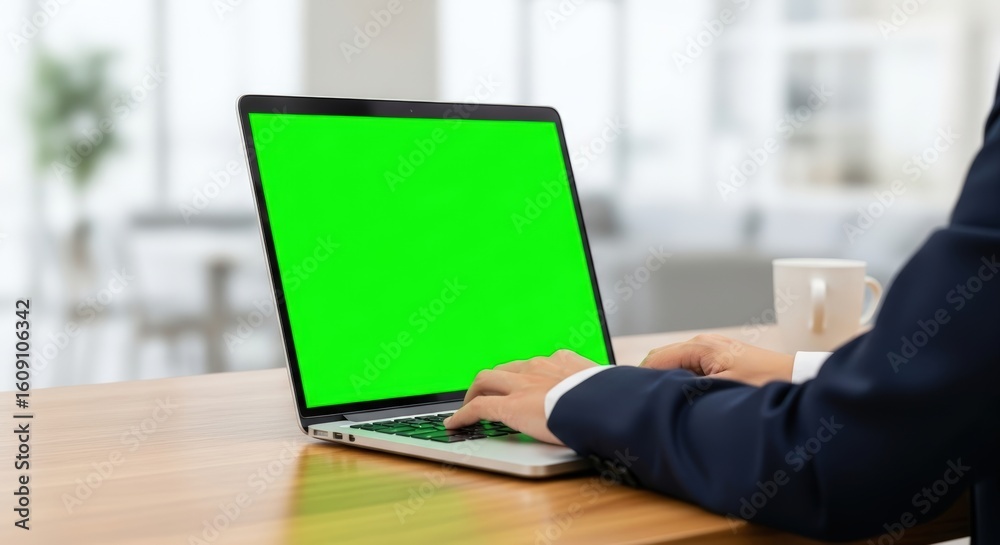 Fototapeta premium Business Professional Typing on Laptop with Green Screen Display for Mockup in Modern Office Setting
