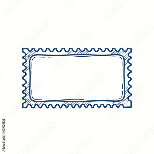 Hand-drawn sketch of a blank postage stamp, featuring a serrated edge and a rectangular inner space.