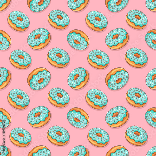 Cartoon donut with blue glaze and sugar sprinkles on pink background. Vector seamless pattern.